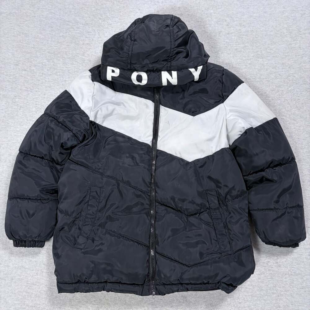 Pony Puffer Jacket Size 10/12 Black White Color Block Hooded